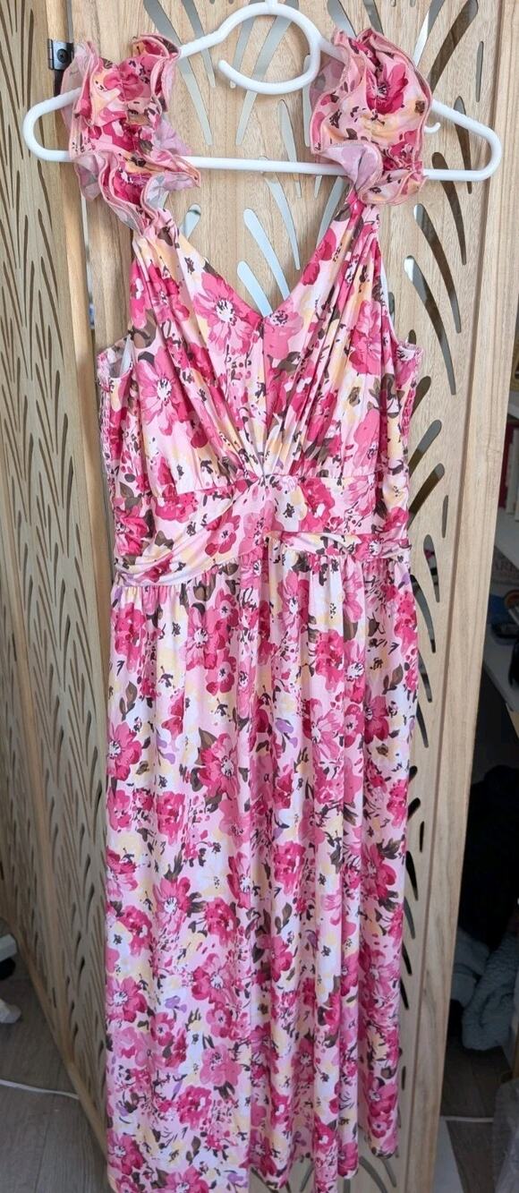 Grace Karin Pink Floral Print Dress Ruffles Sleeveless Flowy Sundress Medium